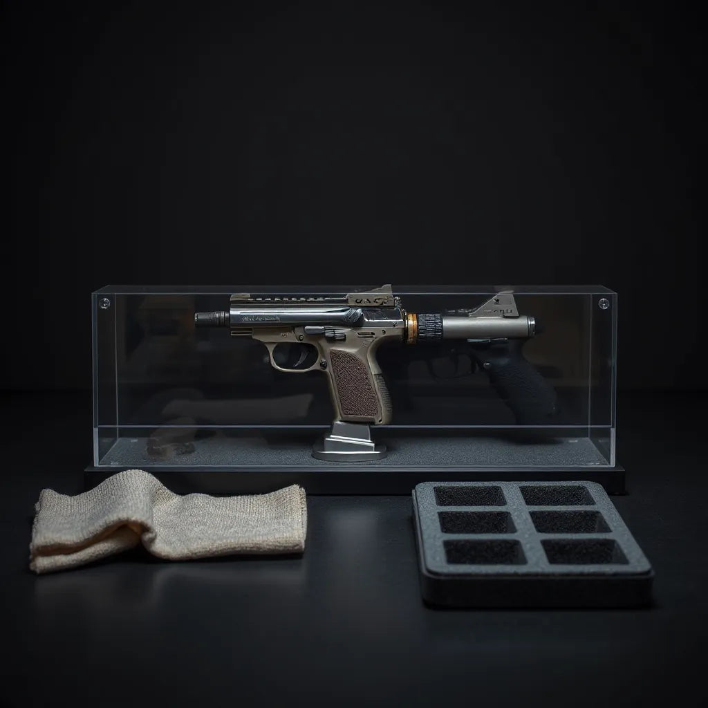 Non-firing replica guns on a display stand with acrylic covers and organized storage accessories