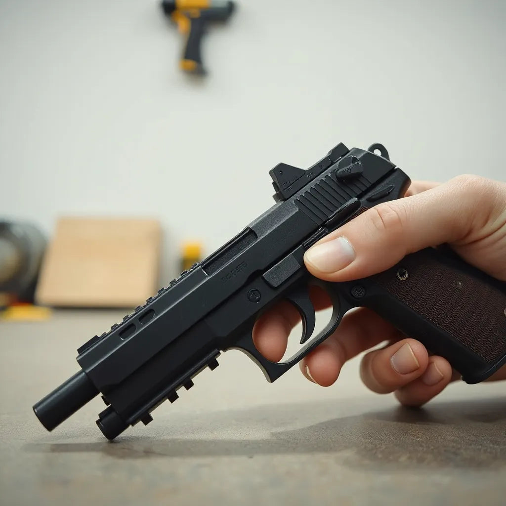 Small-scale firearm model with a removable magazine properly seated for realistic handling