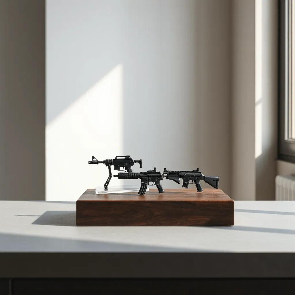 Mini gun replicas arranged on a minimalist display stand under soft natural light