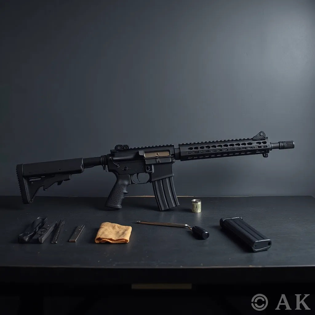 AR15 model rifle on a workbench with a few neatly arranged accessories