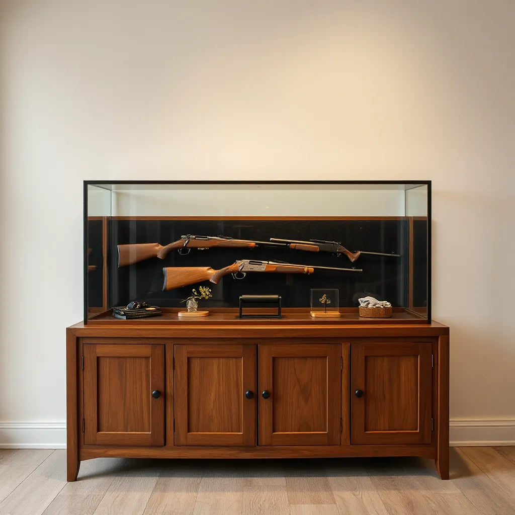 Glass display case showcasing replica firearms on dark felt with warm indoor lighting