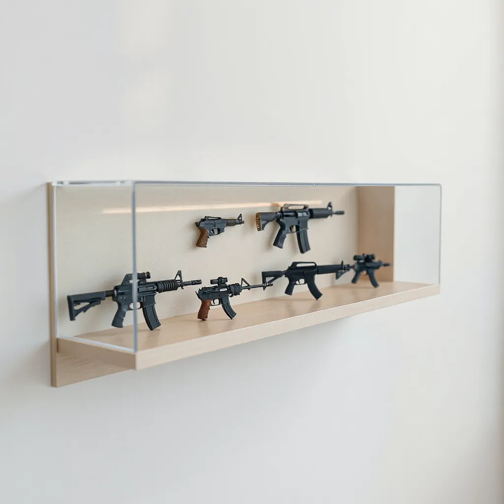 Miniature gun models displayed on a shelf under soft light with a clear acrylic cover