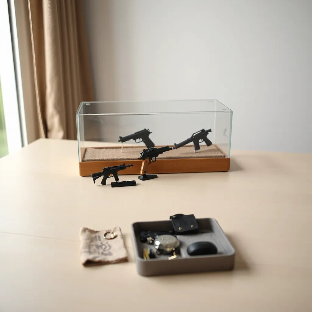 Glass display case holding neatly arranged miniature gun models on felt-lined stands with accessories nearby