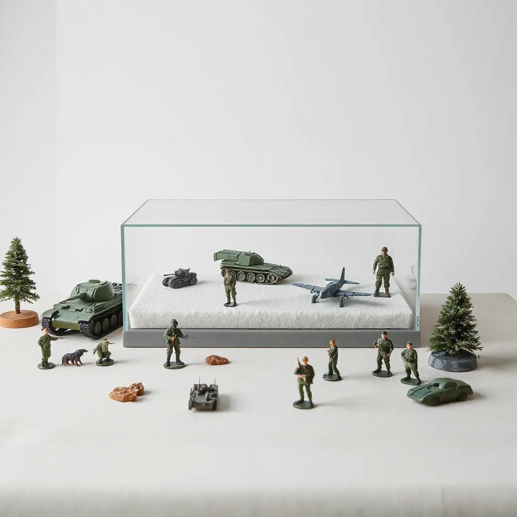 Miniature military vehicles and figures arranged inside a clean glass display case