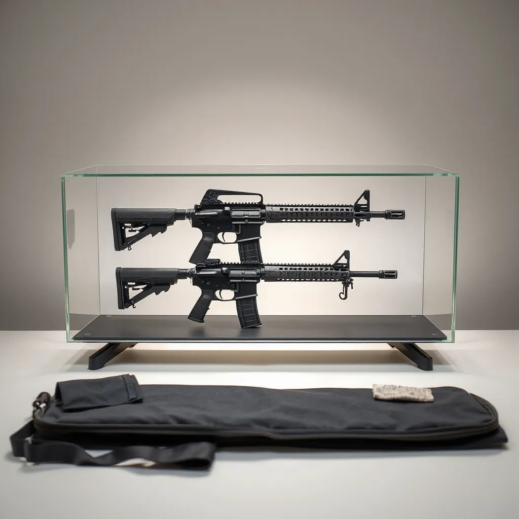 AR-15 collectible displayed on a minimalist stand inside a softly lit glass case with neatly arranged accessories
