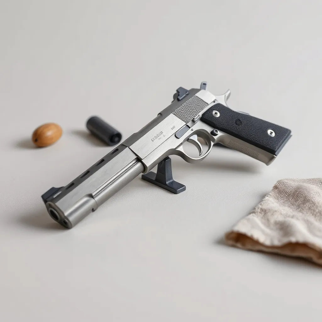 Metal and polymer model miniature with brushed metal and matte grip on a display stand