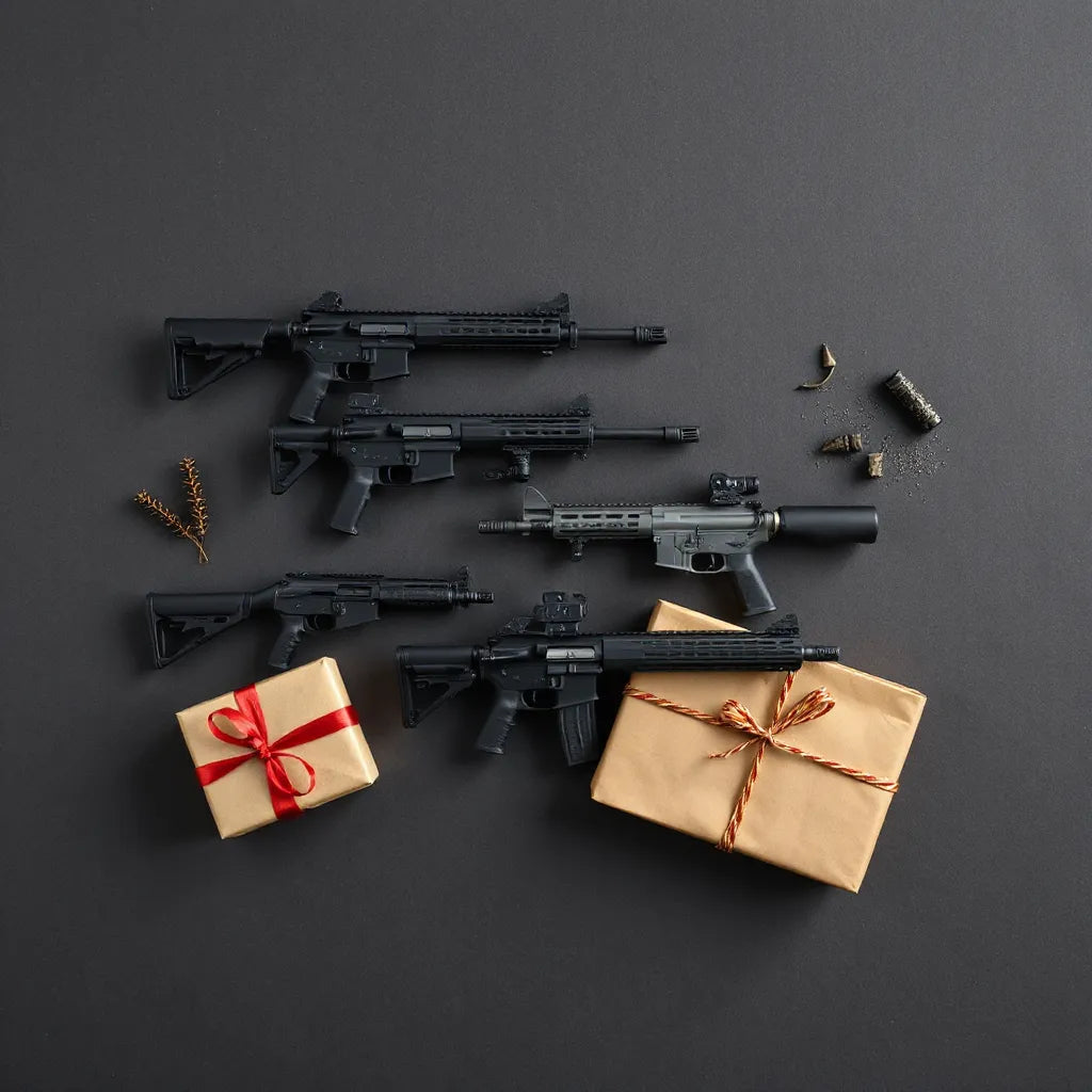Neatly arranged mini gun models on a table with a small gift box and ribbon nearby