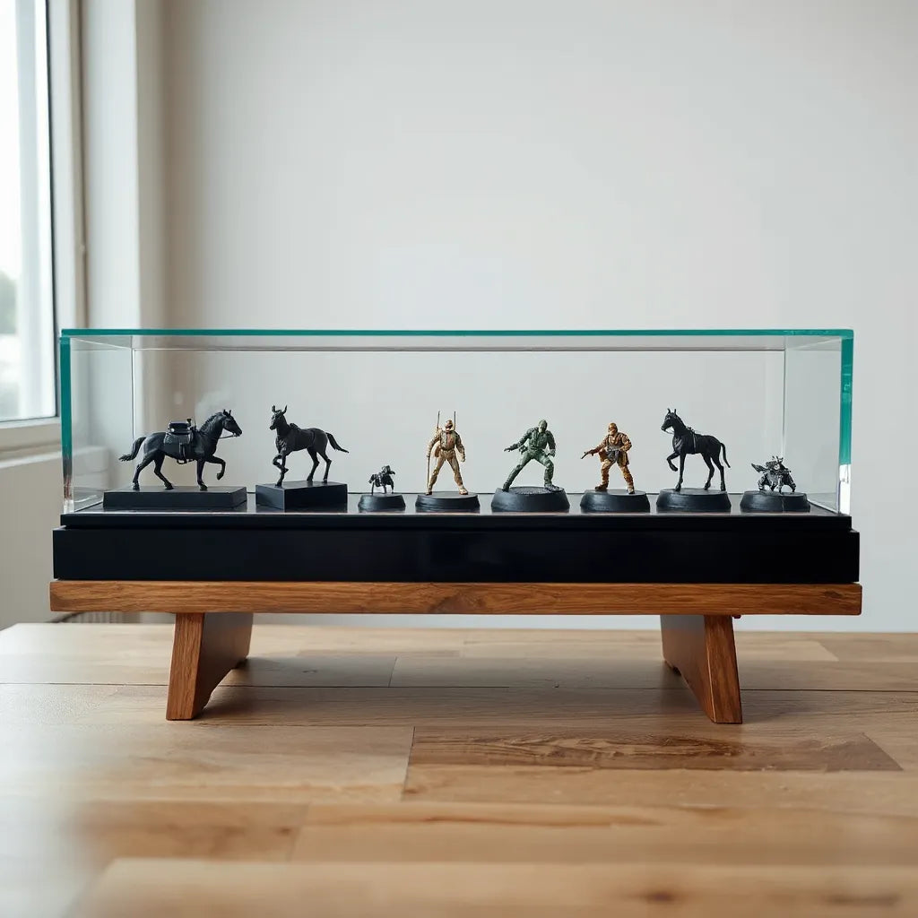 Miniature models displayed neatly inside a glass case on simple stands