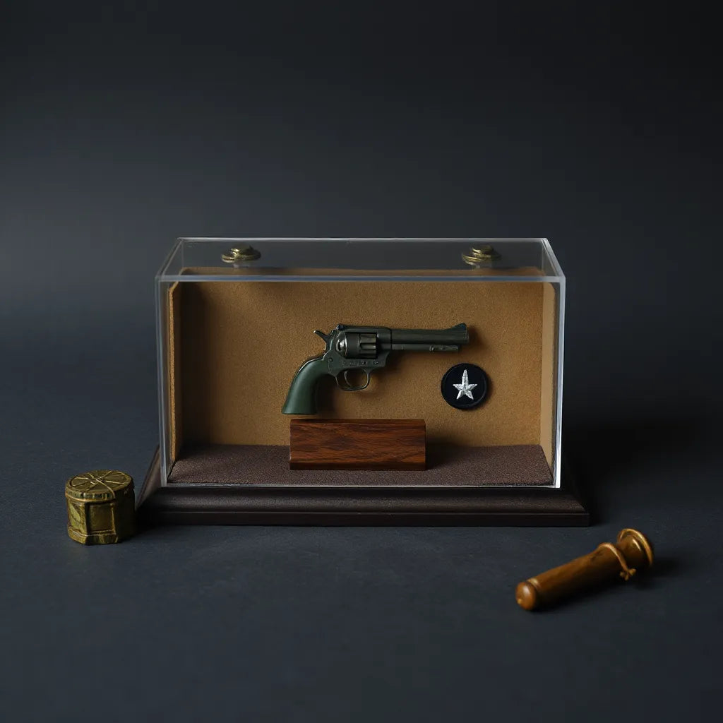 Mini military collectibles displayed in a glass case with a small patch and replica firearm under soft light