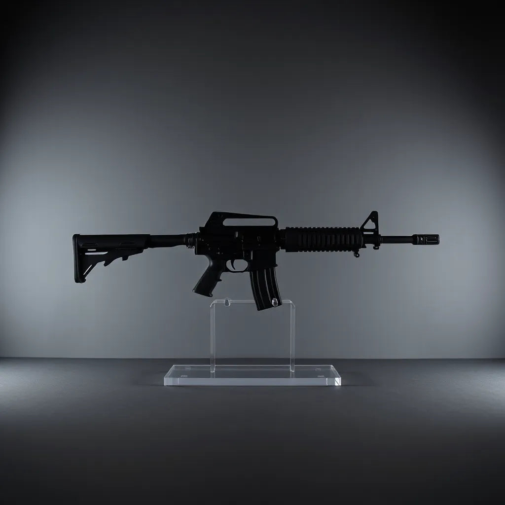 AR-15 model replica posed in a clear acrylic display stand under soft lighting