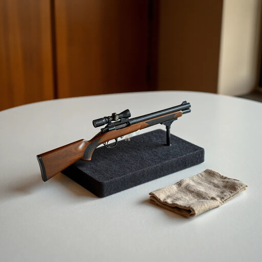 Iconic firearm replica models on a display stand with warm light and a microfiber cloth nearby