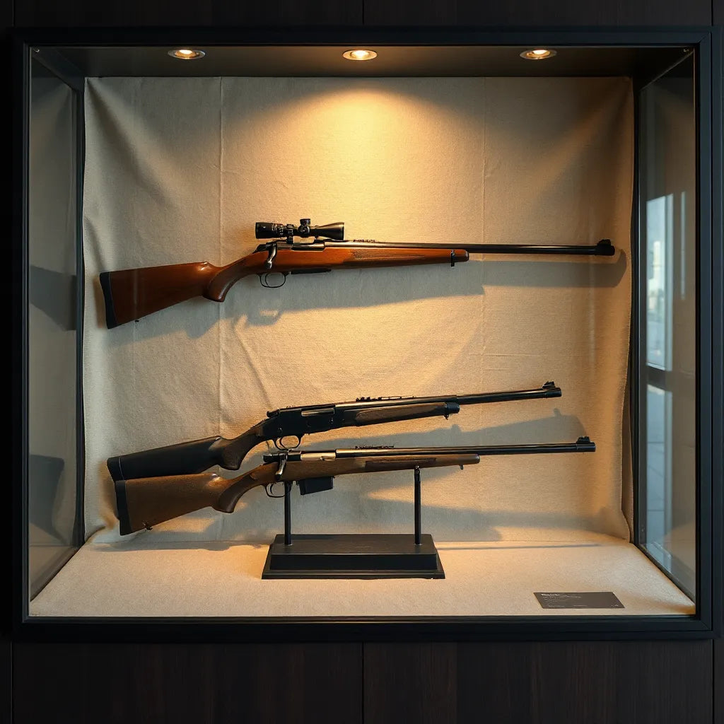 Non-firing collectible rifles displayed in a glass case with soft warm lighting and neutral background
