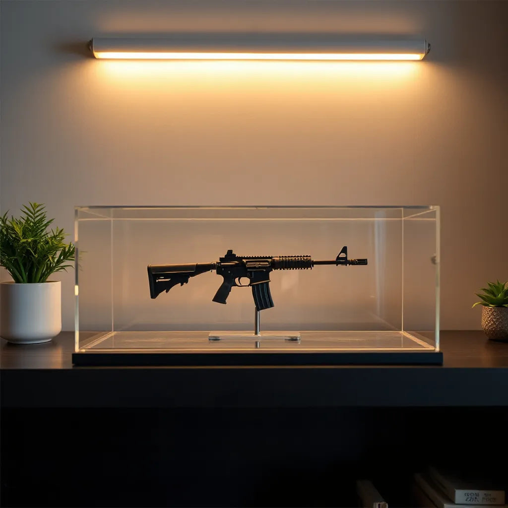Miniature firearm model in a clear display case with soft warm lighting on a wooden shelf