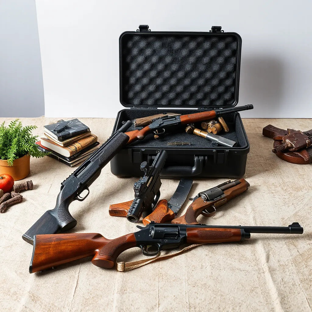 Scaled replica firearms displayed neatly on a neutral tabletop with natural studio lighting