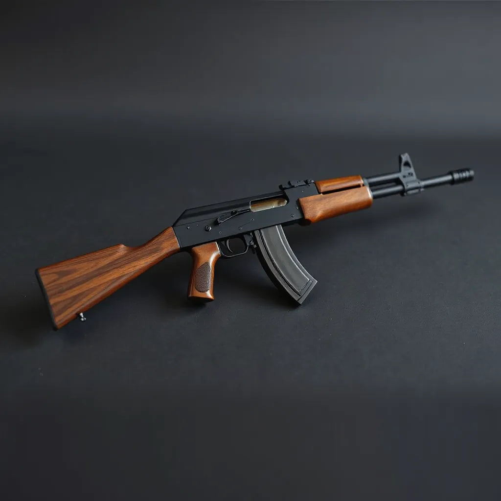 AK-47 model replica displayed on a tabletop with visible wooden stock and metal details