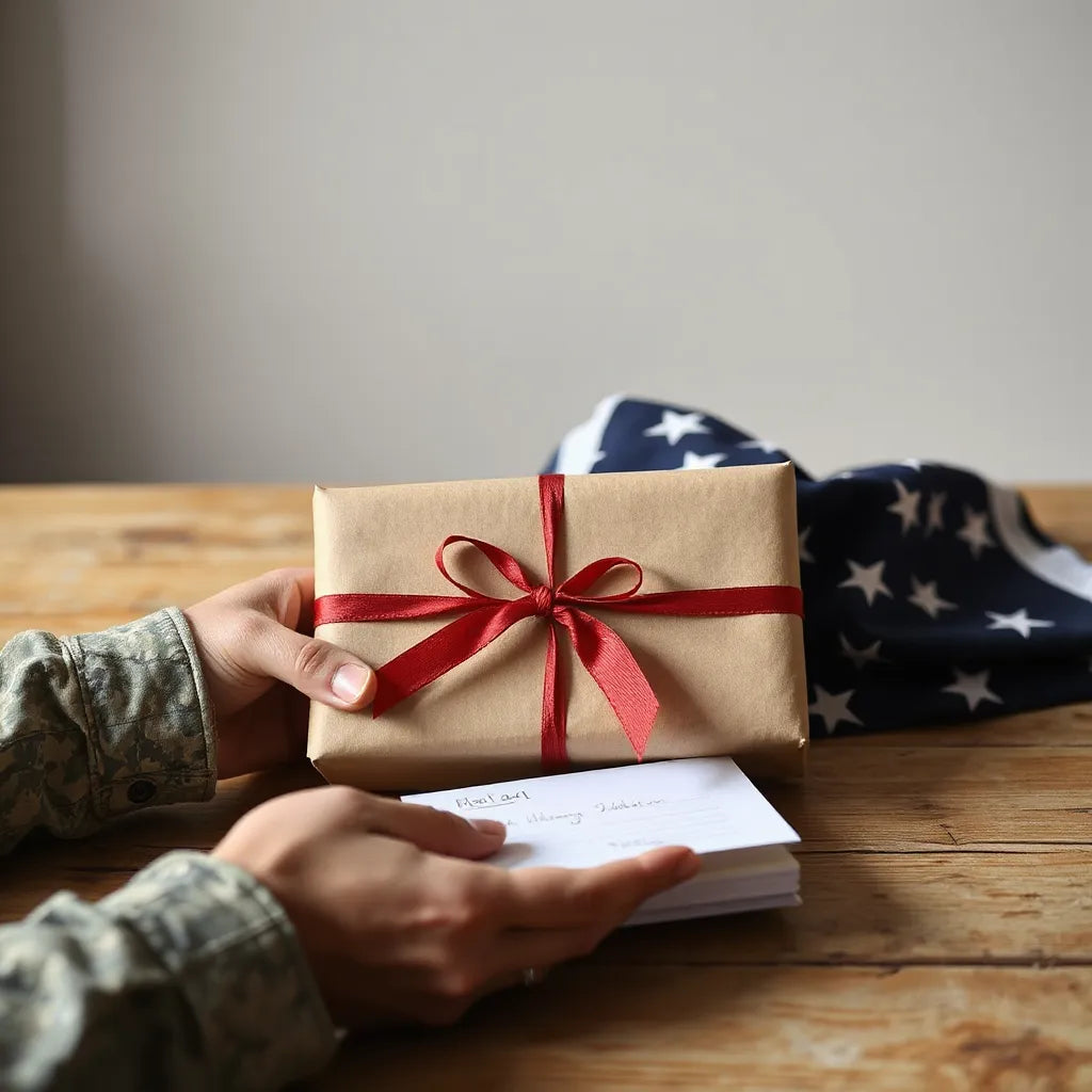 Wrapped gift and greeting card beside a gently folded American flag on a clean table
