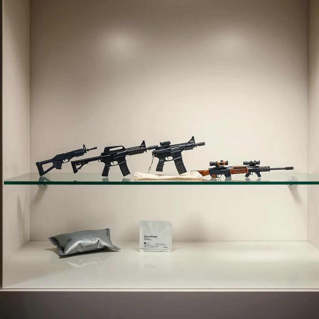 Mini gun collectible models displayed on a glass shelf with soft lighting and care accessories nearby