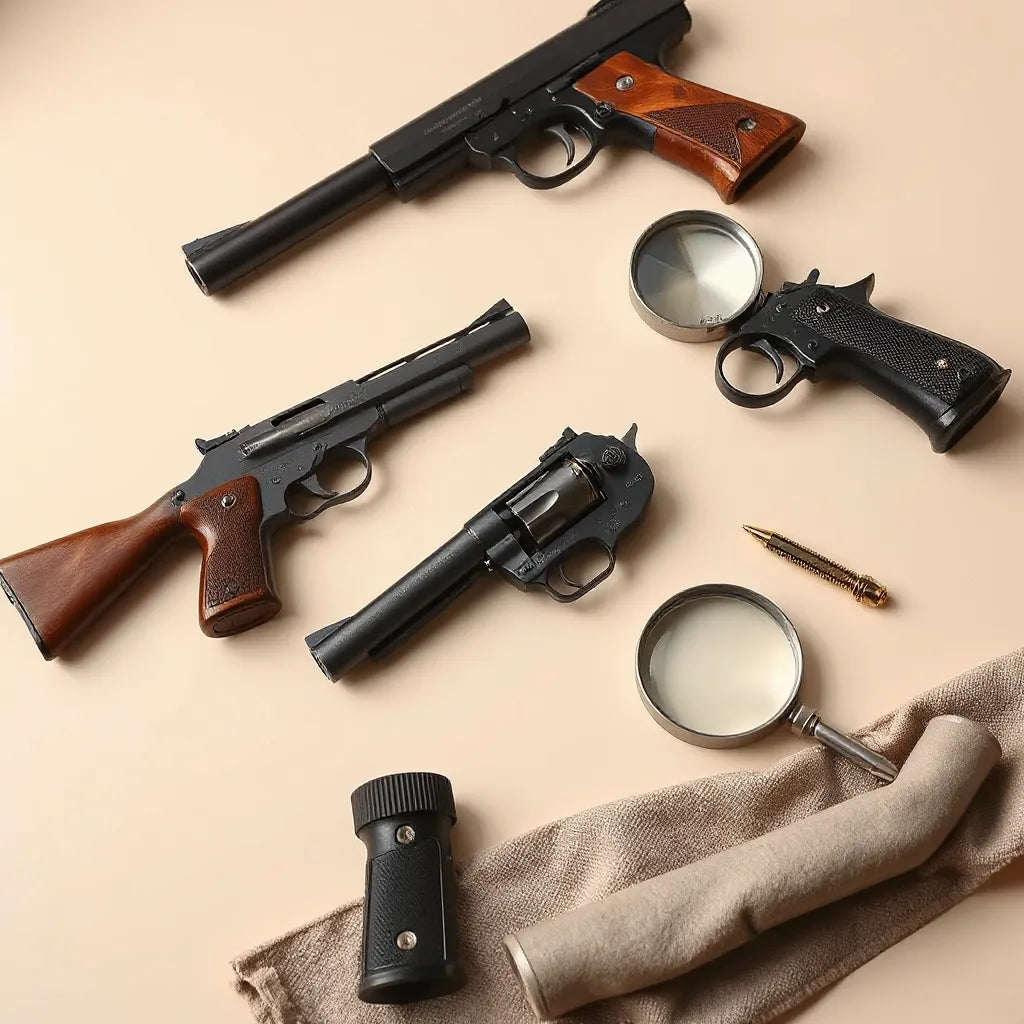 Finely detailed miniature firearms on a clean tabletop with inspection tools and a soft cloth