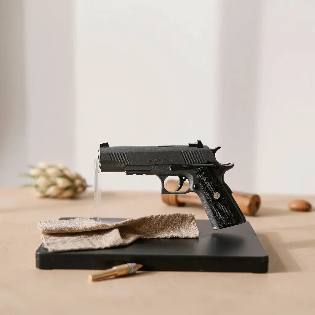 1:3 scale model gun on a clear acrylic stand with a microfiber cloth and simple display case