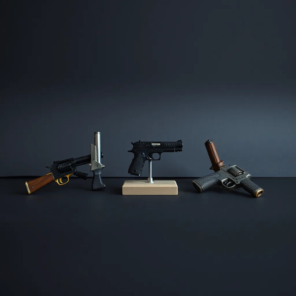 A curated lineup of realistic mini gun replicas on a simple display stand with soft studio lighting