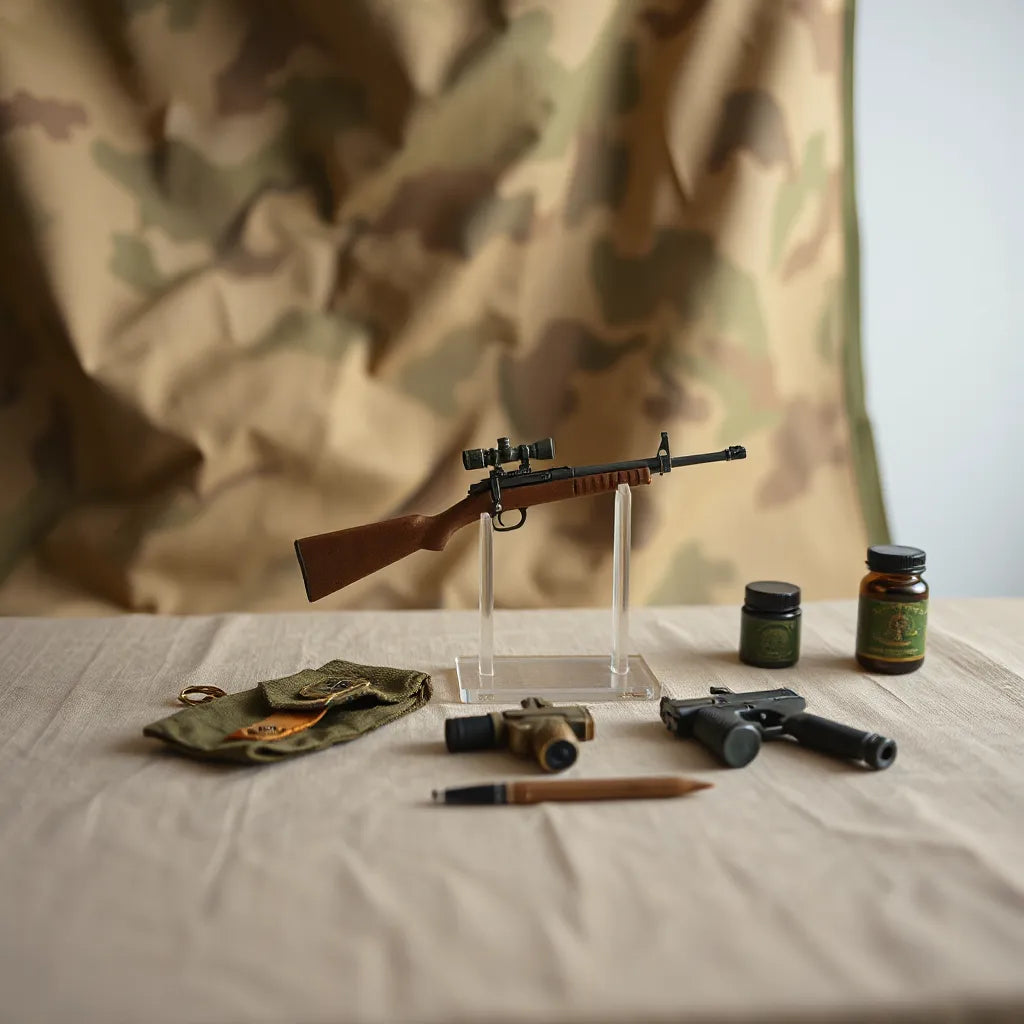 Miniature military collectible replicas on acrylic stands with neatly arranged accessories