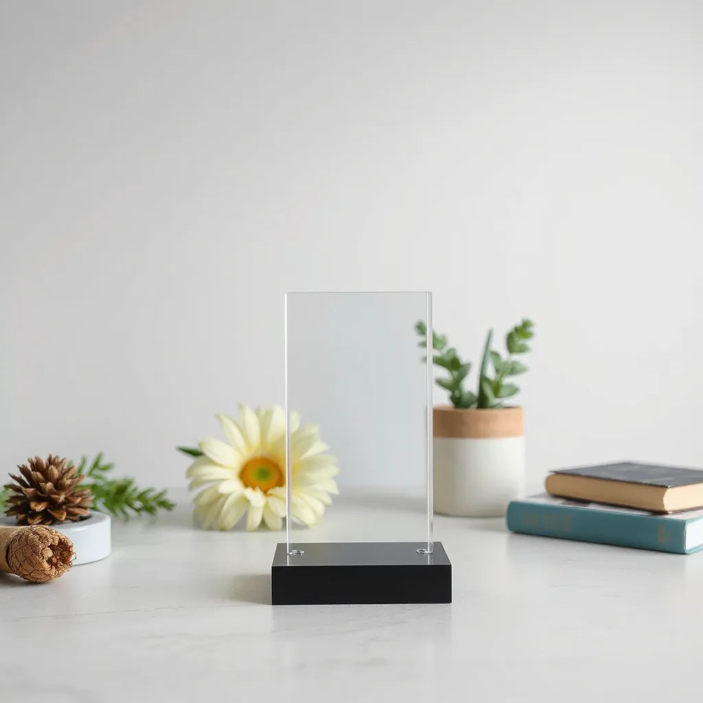 A model on a clear acrylic display stand with a stable base in a clean studio setting