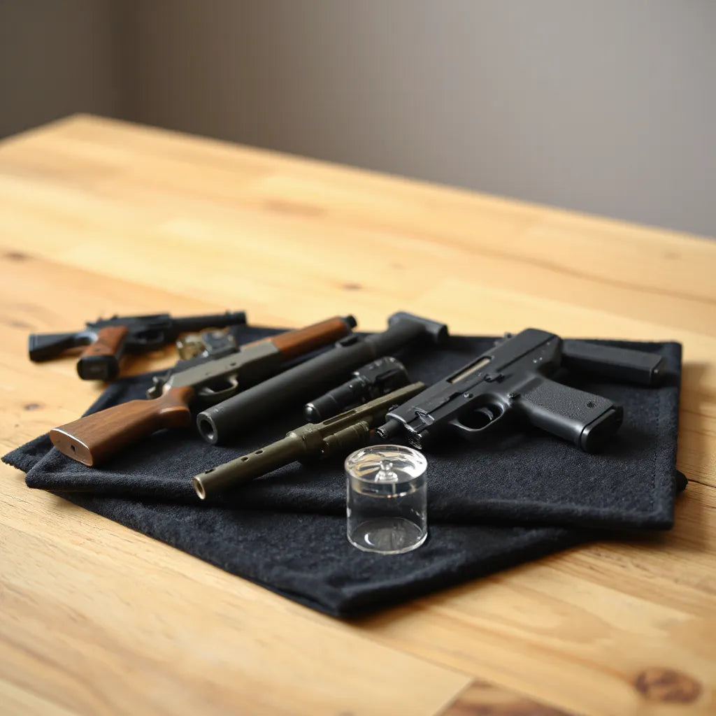 Diecast gun models arranged on a felt tray with soft studio lighting and a clear display stand