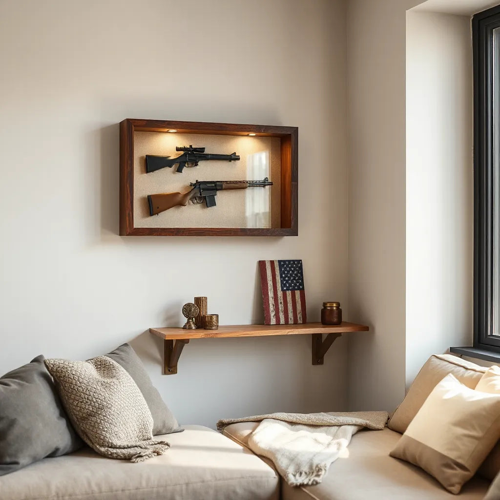 Neatly arranged gun-themed decor display on a wall shelf with warm lighting and neutral accents