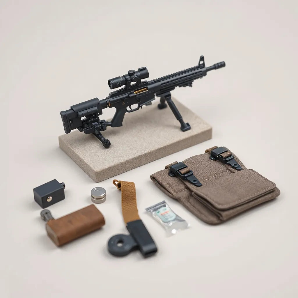 Miniature model with detailed accessories, such as scope, strap, and attachments, arranged on a clean display stand