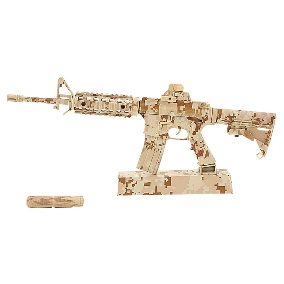 AR‑15 Desert Camo 1:3 scale miniature rifle with sand‑tone camouflage finish, adjustable stock, accessory rails, removable suppressor, and display stand by M1 Mini Guns, non‑firing replica