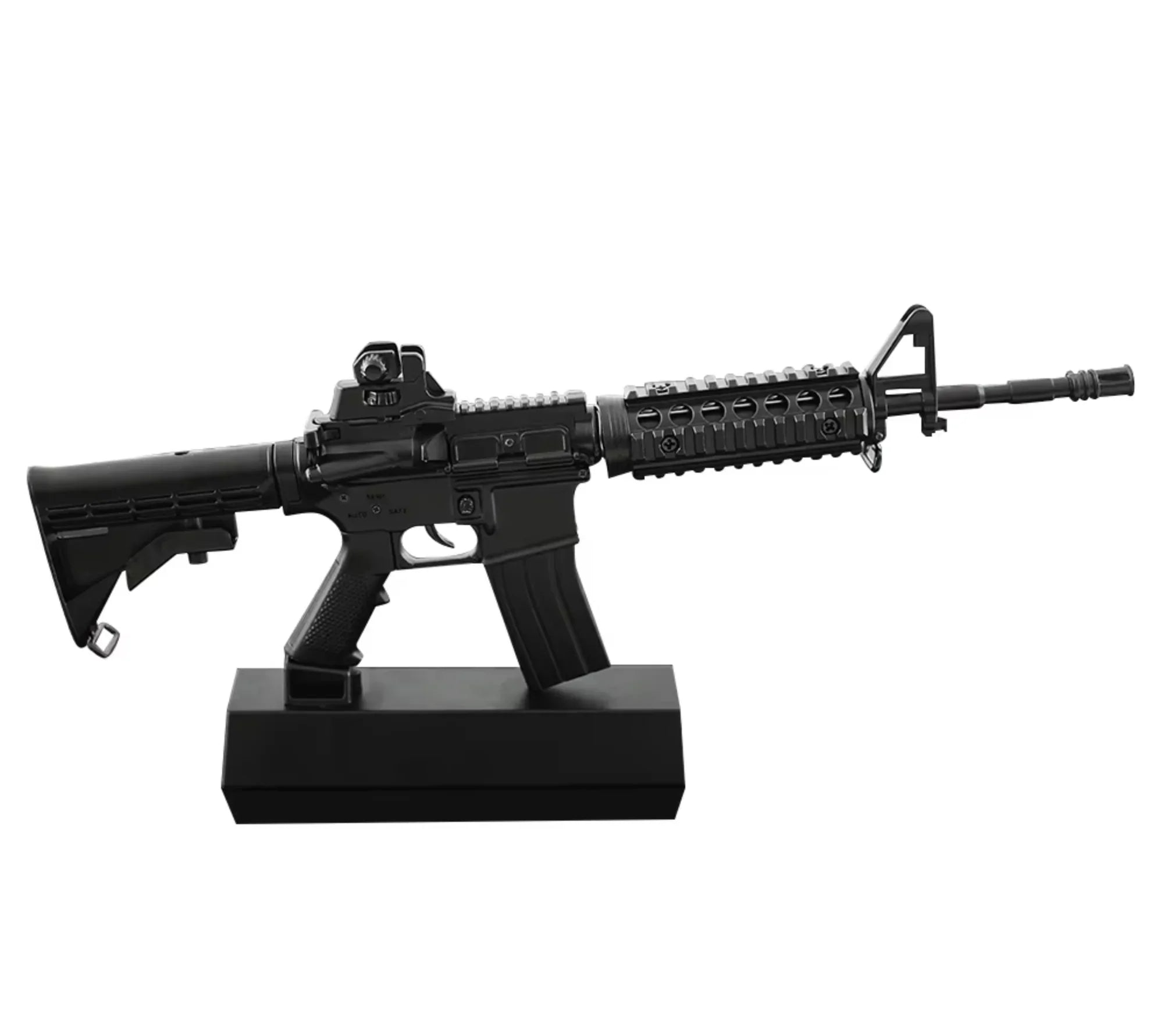AR‑15 Black 1:3 scale miniature rifle with sleek black finish, adjustable stock, accessory rails, flip‑up sights, removable suppressor and display stand by M1 Mini Guns, non‑firing replica
