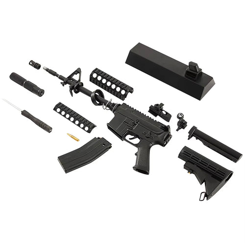 AR‑15 Black 1:3 scale miniature rifle kit with disassembled components including upper and lower receivers, rails, stock, magazine, accessories and stand by M1 Mini Guns, non-firing replica