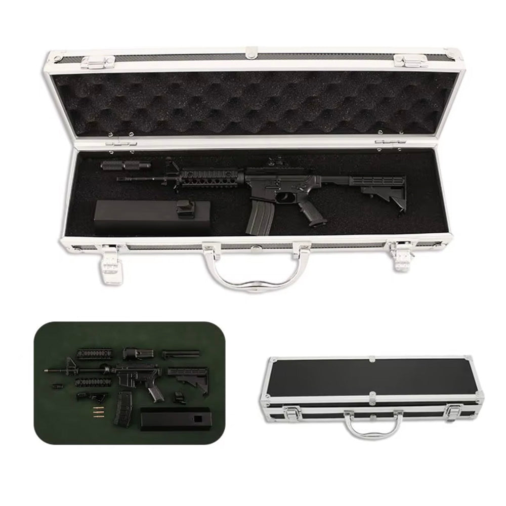 Aluminum mini gun case with foam interior holding a 1:3 scale miniature rifle and accessories; collage shows disassembled parts and closed silver case by M1 Mini Guns