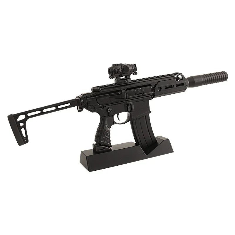 SIG MCX Black 1:3 scale miniature rifle with matte black finish, modular rail system, folding stock, detachable magazine and mounted optic on stand by M1 Mini Guns, non-firing replica